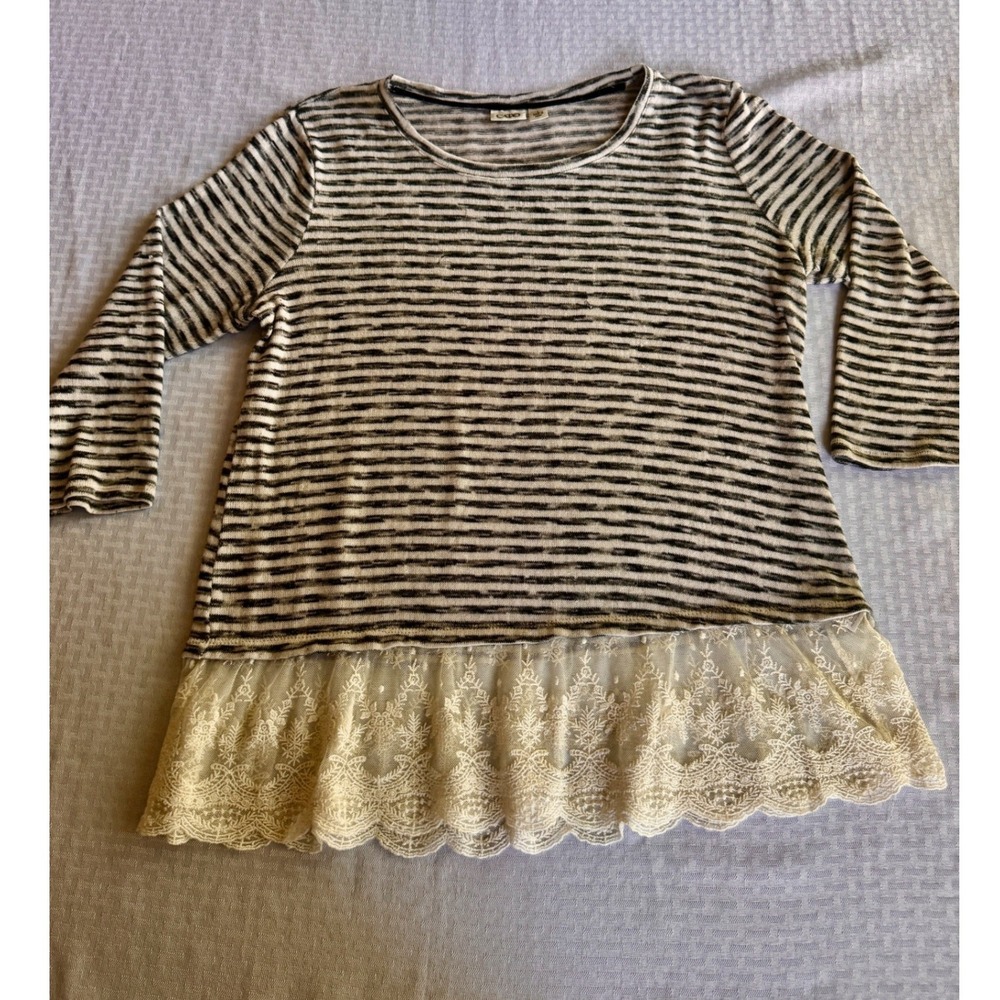 Cato Striped Lace Hem Top Black White‎ Boho Cottagecore Knit Blouse Large
